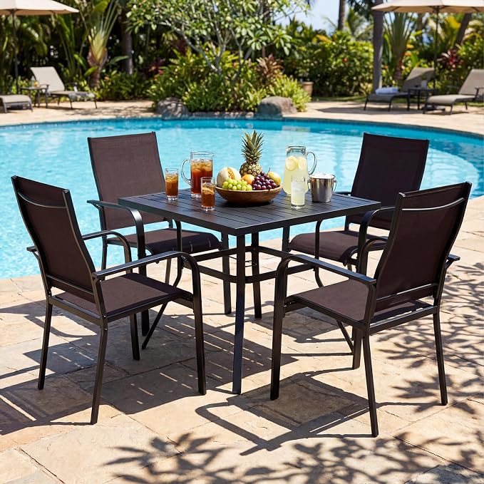 Tangkula 5 Pieces Patio Dining Set for 4, Outdoor Square Table and Stackable Chairs with Umbrella Hole, Outside Furniture Set for Backyard, Garden and Deck (37",Brown)