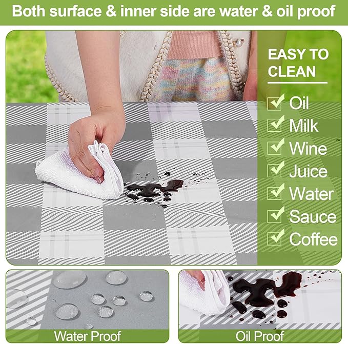 Play Tailor Picnic Table Cover with Bench Covers Camping Essentials Waterproof Windproof Camping Tablecloth with Drawstring Bag, Fitted Rectangle Tables and Seats, 96in, Grey Checkered