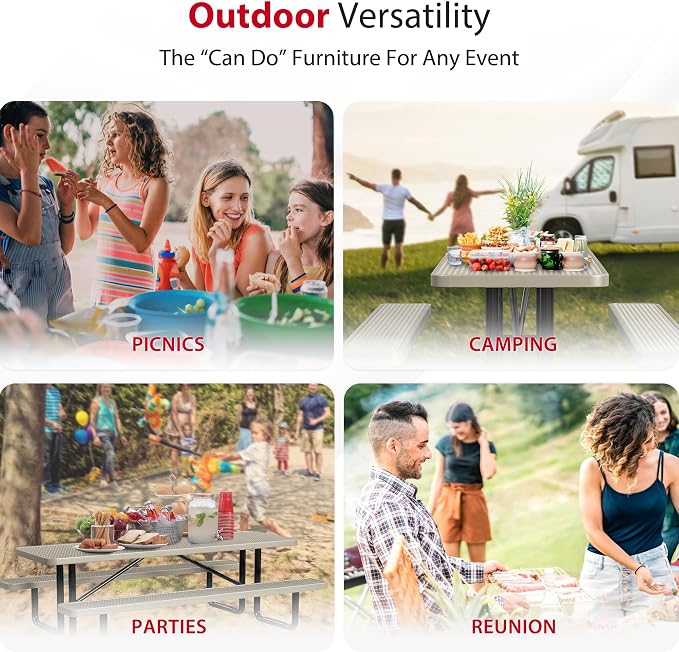 Leisure Craft Metal Picnic Table with Bench - 8 ft Rectangle Outdoor Dining Table for 8, Umbrella Hole, Weatherproof Heavy Duty Thermoplastic Coating, Commercial Grade Furniture Made in USA - Beige