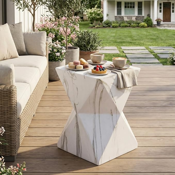 Outdoor Side Table Faux Marble Square Side Table Hourglass End Tables Small Coffee Tables for Patio Garden Stool for Porch, Backyard Balcony,12.2",Weather Resistant, White & Grey