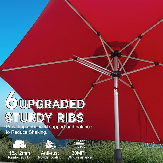 Domi 7.5FT Patio Umbrella Outdoor Market Umbrella with Silver Aluminum Pole, UV Resistant Canopy, Wind Vent, Tilt & Crank System, Perfect for Patio, Garden, Deck, Pool, Outdoor Dining, Red