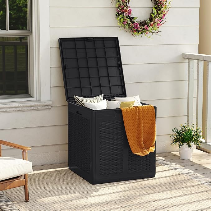 Giantex 39 Gallon Outdoor Storage Box, PP Deck Container with Rattan Patterns & Lockable Lid, Patio Plastic Storage Bin for Package Delivery, Garden Tools, Patio Cushions (39 Gal,Black)
