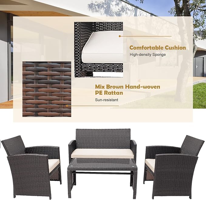 HAPPYGRILL Set of 4 Rattan Conversation Set Outdoor Wicker Furniture Set with Tempered Glass Coffee Table, Soft Cushions, Weather-Resistant Rattan Chair Set for Garden Backyard Poolside