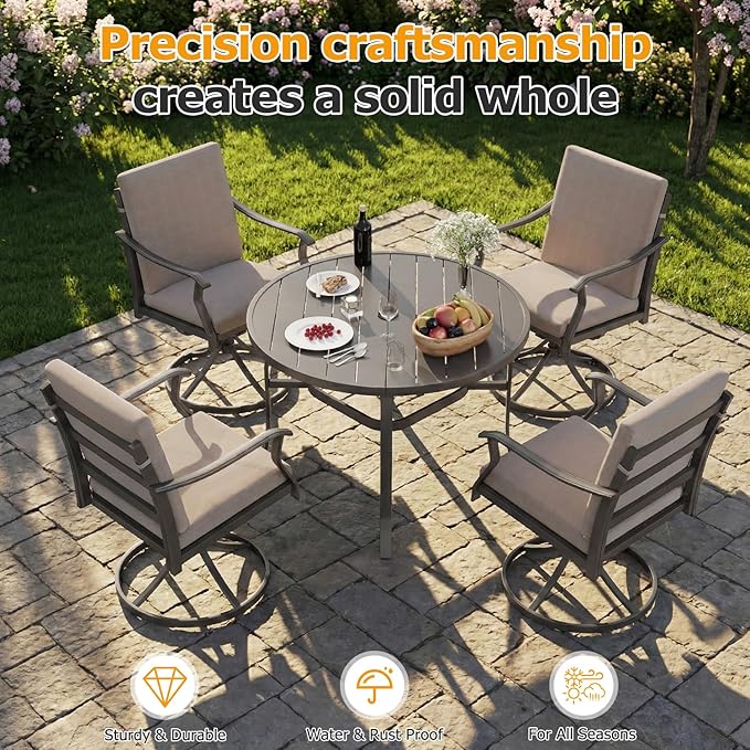 EROMMY 5-Piece Outdoor Patio Dining Set, 4 Swivel Chairs with Removable Cushions & Round Metal Table with Umbrella Hole, All-Weather Furniture for Backyard, Garden and Deck