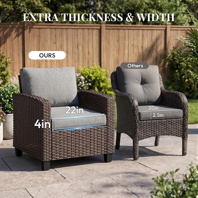 WWR Furniture Set-30% Thicker Wicker-Luxury 4 Piece PatioWicker Outdoor Patio Conversation Set with Extra Wide & Thick Cushions, Armchair Loveseat & 3-Seat Sofa for Backyard, Porch & Deck