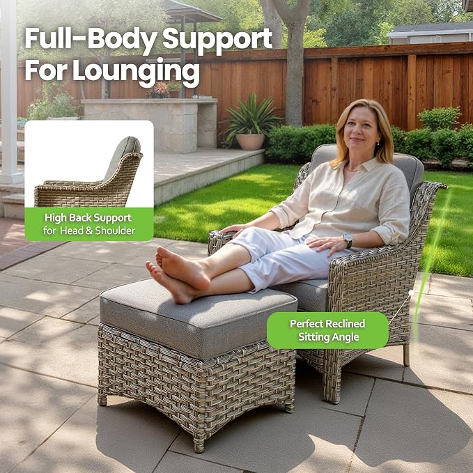 6 Piece Patio Furniture Set with Solar Lights Coffee Table, Outdoor Wicker High Back Sofa Chairs Ottomans with Cushions, All Weather Conversation Set for Backyard Porch Deck, Dark Gray