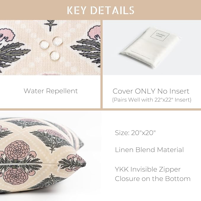 Crumbs Home Modern Farmhouse California Casual Indoor Outdoor Throw Pillow Cover, 20"x20" Water Repellent for Patio, Backyard, Couch, Earth Tone Dark Rose Tan Block Print Vintage Hydrangea Flowers