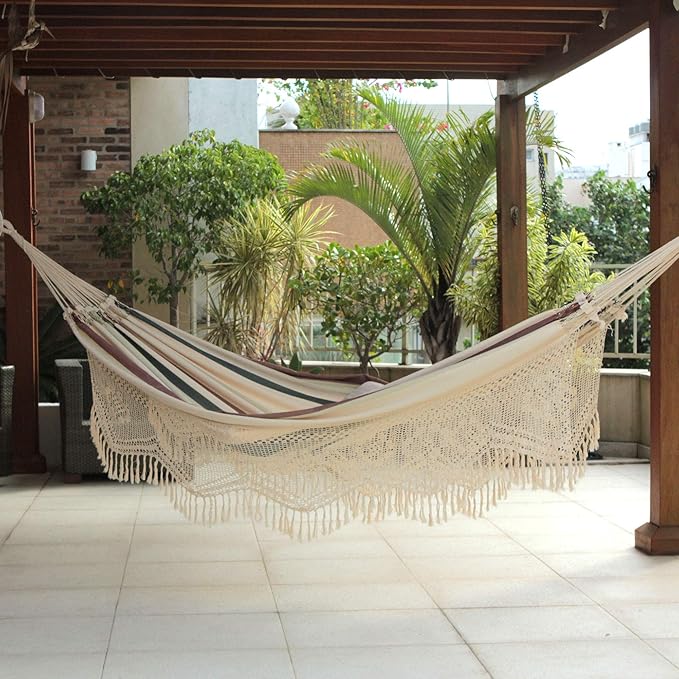 NOVICA Dark Green Brown White Stripe 2 Person Cotton Brazilian Hammock with White Crochet Fringe, 'Joyous Earth' (Double)