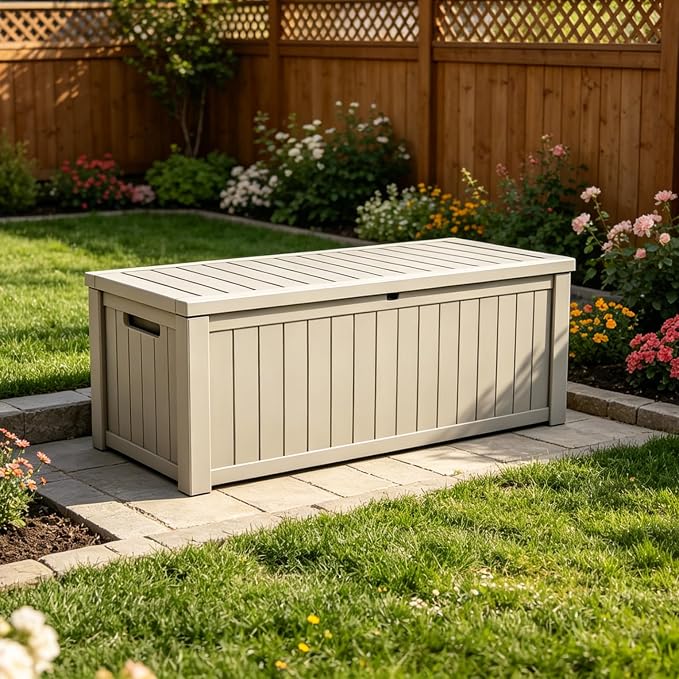 Outdoor Storage Solution with Deck Box Design, Multi-purpose Patio Furniture for Garden Tools, Shoe Storage & Cushions, Strong Storage Bins with Lids Style (beige)