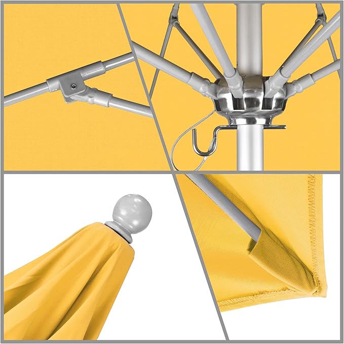 California Umbrella 9' Rd. Venture Series Contract Grade Patio Umbrella, Push Open Pin Stop, Silver Finish, Sunbrella Sunflower Yellow