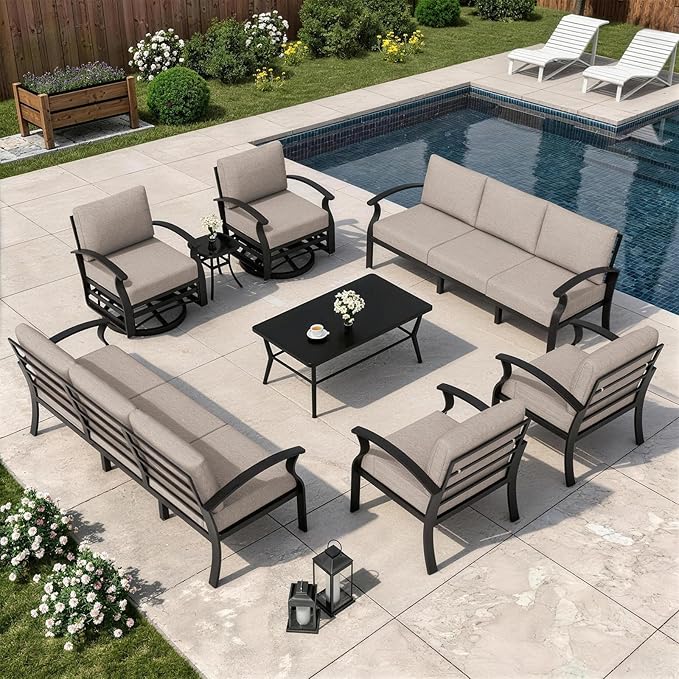 Kurapika Aluminum Patio Furniture Set 10-Seat Modern Metal Outdoor Conversation Sets w/Swivel Rocking Chairs Patio Sectional Sofa w/5.1 Inch Cushion with Rectangular Coffee Table, Sand