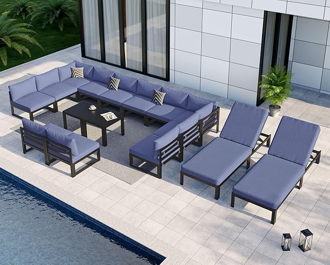NICESOUL 16 Pcs Aluminum Patio Furniture Set for Large Groups, 500lbs Heavy Duty Outdoor Sectional Sofa with Chaise & Coffee Table, 29" Deep Wide Seating Conversation Couch for Poolside, Denim Blue