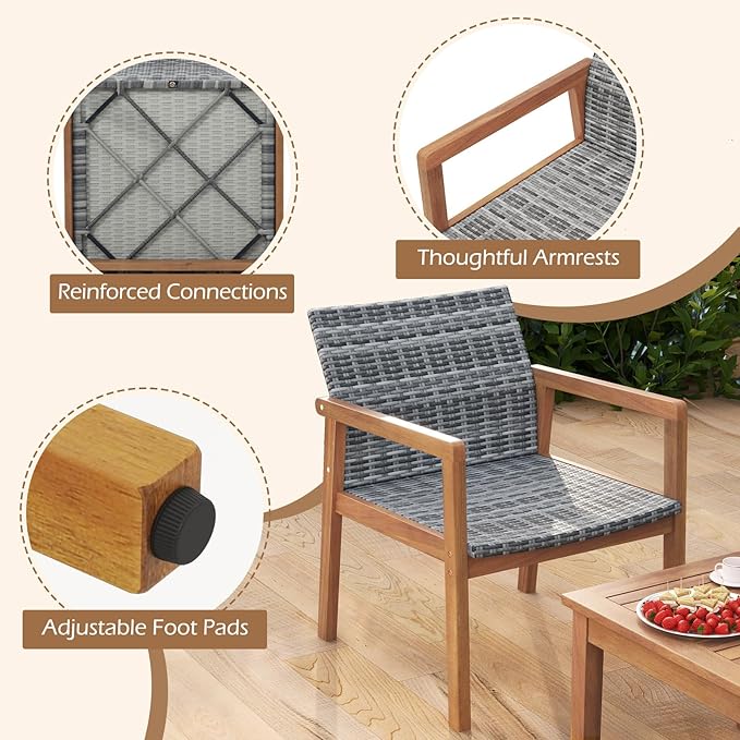 HAPPYGRILL 3 Pieces Patio Furniture Set, PE Rattan Patio Bistro Set with Chairs & Coffee Table, Outdoor Acacia Wood Conversation Set for Garden, Backyard, Poolside & Porch