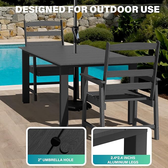 LOUNZY 9 Pieces Patio Dining Sets, 90'' Table Outdoor HDPE Furniture Set w/ 2" Hole Cut-Out Dining Table with 8 Patio Chairs for Lawn, Pool and Yard, Black