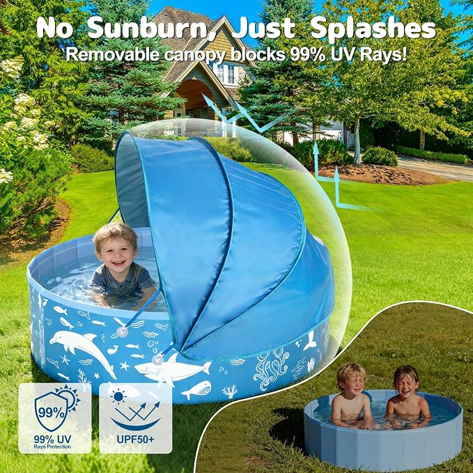 63” Extra Large Kiddie Pool with Canopy, EPN UPF 50+ Sun Shade Baby Pool, No Inflation Foldable Toddler Pool for Backyard Outdoor & Beach, Portable Thickened PVC BPA-Free Kids Water Play Pool, Blue