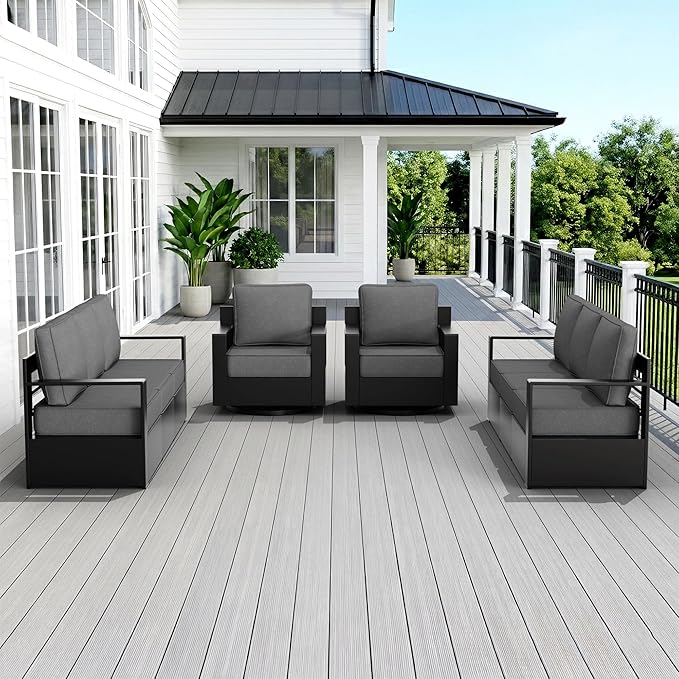 Outdoor Patio Furniture Set, 4-Piece Aluminum Patio Conversation Set All-Weather Metal Outdoor Sectional with 6 Inch Thick Cushions, Deep Setting for Garden, Outside and Porch, Grey