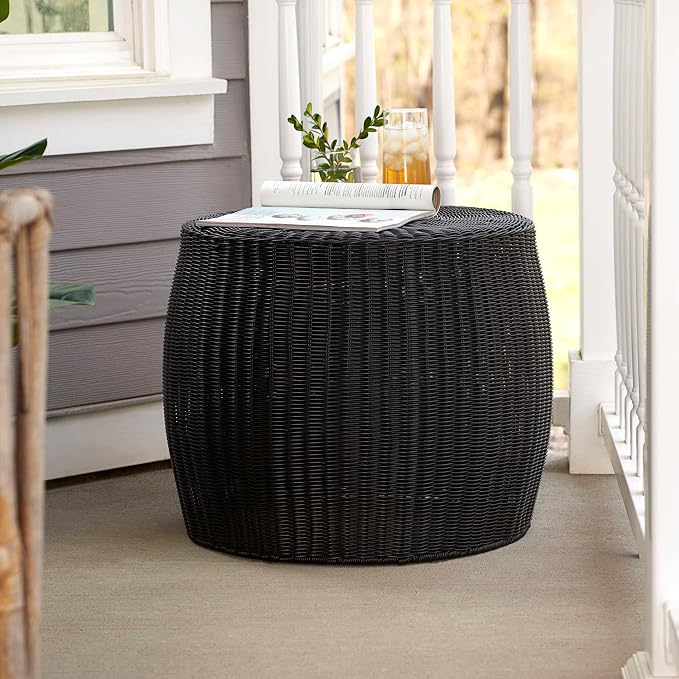 Household Essentials Handwoven Resin Barrel Side Table Storage Container, Black 18” H x 20” Dia.