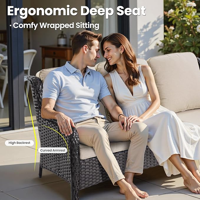 ovios 7-Piece Patio Furniture Set with Swivel Chairs Coffee Table, Outdoor Wicker Sofa with 42" Fire Pit Table, High Back Couch Modern Conversation Sets, Brown/Beige