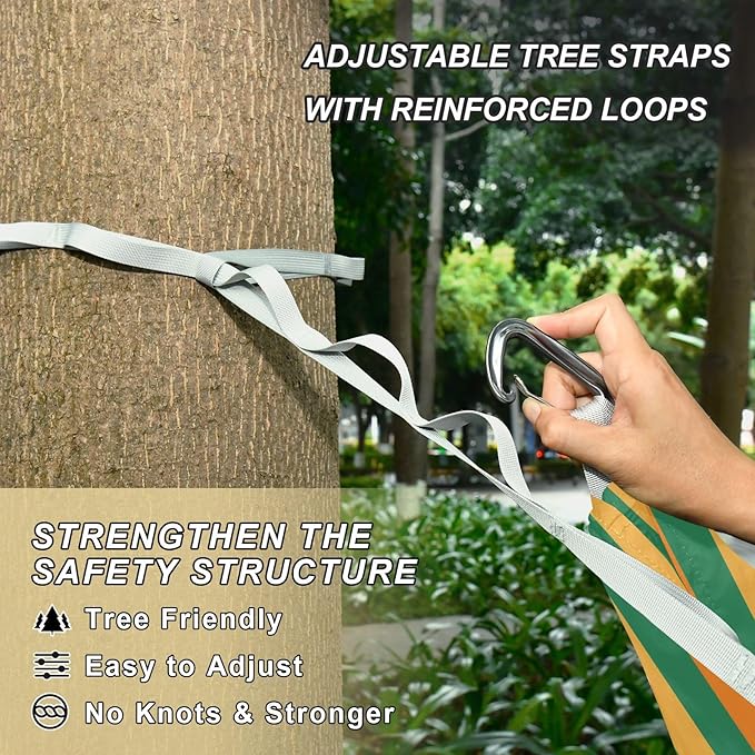 Camping Hammock Outdoor Hammocks for Outside Green Orange Stripe Beach Trees Portable Lightweight with Pockets Tree Straps Indoor