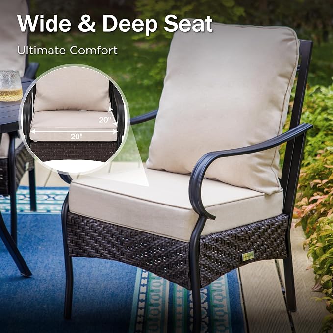 PHI VILLA Patio Dining Chairs Outdoor Wicker Chairs Set of 4 with Cushions | Heavy Duty Outdoor Metal Wicker Dining Chair with Padded Cushions, Large All Weather Wrought Iron Patio Chair for Balcony
