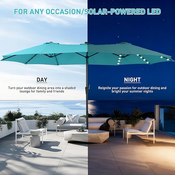 15 ft Patio Umbrella with 48 LED Lights, Large Rectangle Outdoor Solar Umbrella with Matching Base, Strap, Crank, Blue