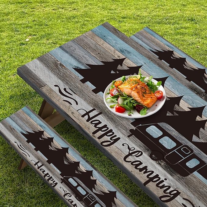 Picnic Table Cover with Bench Covers Elastic Edges, Blue Camper Fitted Table Cover, Outdoor Patio Camping Essentials 72 Inch 3PCS, Waterproof Camping Fitted Tablecloth with Drawstring Bag