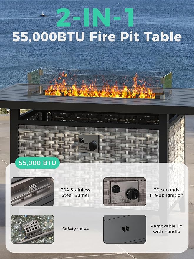 10 Piece Outdoor Wicker Patio Set with Swivel Chairs & Fire Pit Table, 7-Seats with 4" Thickened Cushions & Coffee Table, All-Weather PE Rattan for Garden, Backyard, Charcoal Gray
