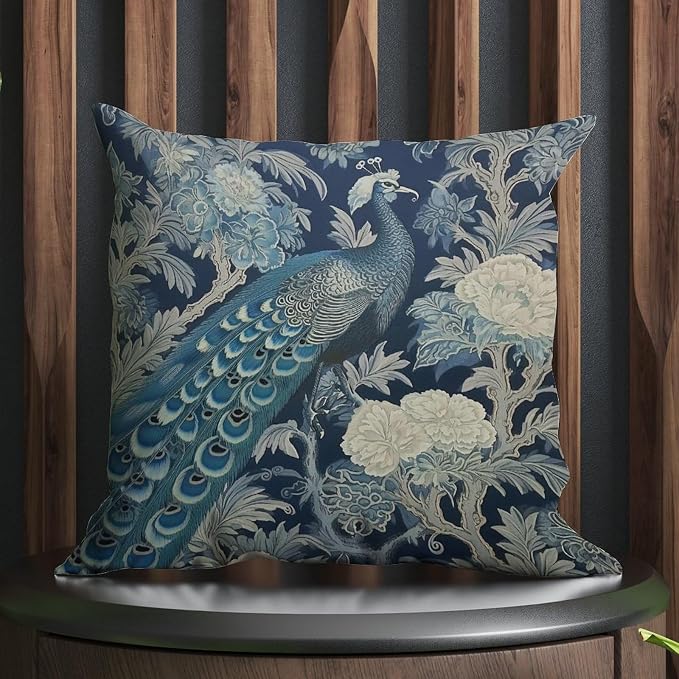 Blue Peacock Chinoiserie Pillowcase Blue Grey Asian Flower Throw Pillow Cover Retro Modern Decorative Pillow Covers for Couch Garden Tent Balcony 16x16 in
