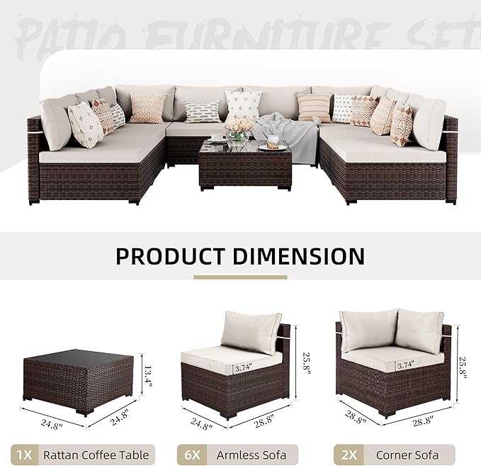 UPHA 9 Pieces Patio Furniture Sets, Wicker Outdoor Sectional Sofa Couch with Coffee Table, Patio Conversation Set for Deck Backyard Garden, Brown Rattan, White Cushion