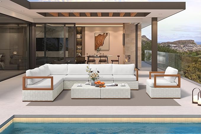 PURPLE LEAF Patio Conversation Sets 9 Pieces, Premium Leather Outdoor Couch Sectional Sofa, L-Shaped Patio Outdoor Furniture Set with Olefin Cushions, Patio Couch for Porch, Balcony, Garden, White