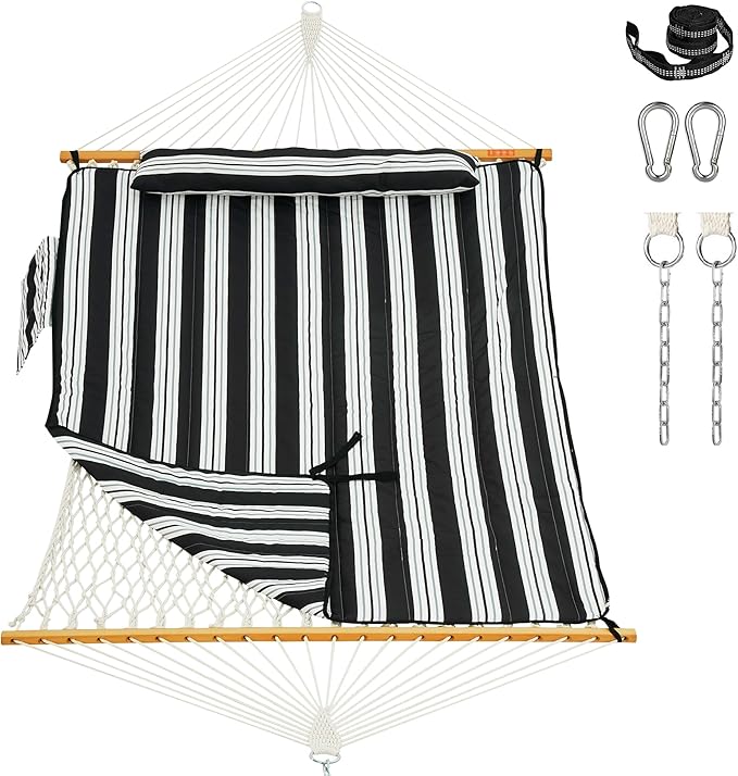 Lazy Daze Hammocks Rope Hammock with Pad, Spreader Bar, Carabiners, Tree Straps, Chains for Outside Patio- Max 450 Lbs, Black White Stripes