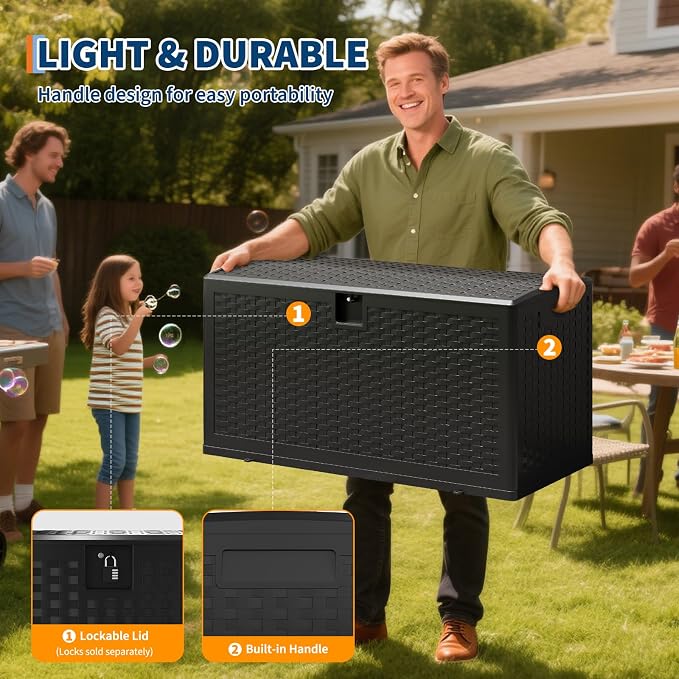 Patikuin Spacious 73 Gallon Outdoor Storage Deck Box – Waterproof, Lockable Resin Bench Organizer – Imitation Rattan for Patio Cushions, Garden, Pool, Package Delivery – Color: Black - 1 – Specs: