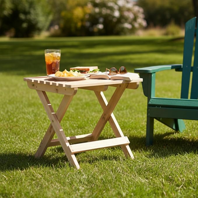 Shine Company Square Wooden Folding Solid Wood Side Table, Outdoor Adirondack Small Patio Table, Natural