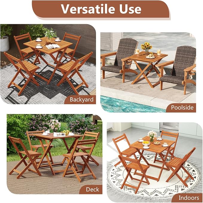 HAPPYGRILL Folding Patio Dining Table with Umbrella Hole, Solid Wood Square Table for 4 with Slatted Tabletop & X-Shaped Support Legs, Space-Saving Design, for Yard or Deck