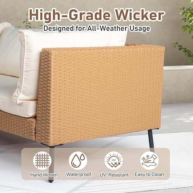Outvita 6 Pieces Patio Furniture Set, All-Weather Outdoor Sectional Patio Sofa PE Rattan Manual Weaving Wicker Conversation Set with Ottoman & Adjustable Feet & Pillow & Seat Cushion, White & Yellow