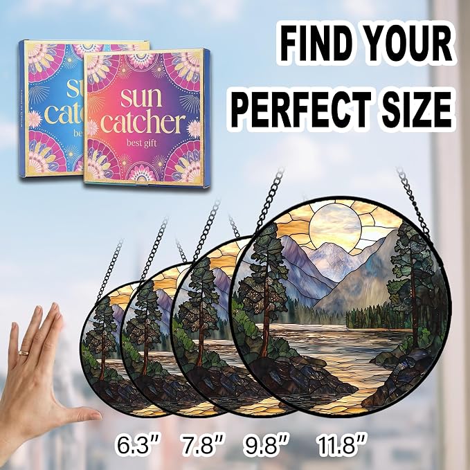 Birthday Gifts for Women - Sunset Mountain Landscape Faux Stained Glass Window Hanging Sun Catcher Mother's Day for Mom Nana Friend Grandma Wife and Door Garden Acrylic Decor 7.8"