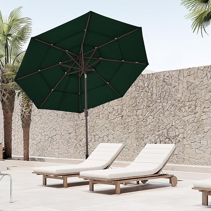 JEAREY 9FT 3 Tier Patio Umbrella Outdoor Market Umbrella Table Umbrellas with 8 Ribs 1.5 Pole Push Button Tilt and Crank UV Protection for Garden,Dark Green