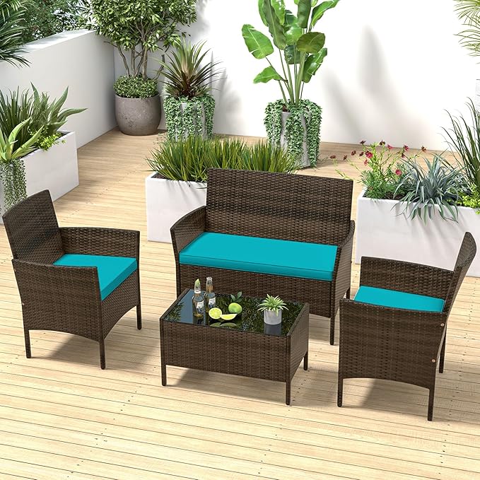 RELAX4LIFE 4-Piece Patio Furniture Set - Rattan Outdoor Conversation Bistro Set w/Cushions, Glass Coffee Table, Wicker Chairs & Loveseat for Garden Backyard Porch, Balcony Furniture Set (1, Turquoise)