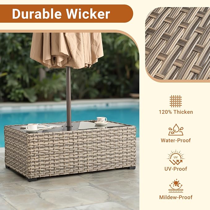 HOOOWOOO Outdoor Patio Side Table with Umbrella Hole,Wicker Coffee End Table Glass Top,Umbrella Table with 1.64" and 2" Hole for Yard,Deck,Porch,Garden(Rectangle Brown)