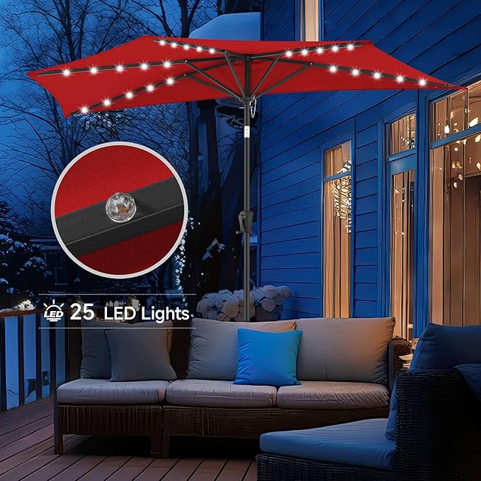 9ft Solar Half Umbrellas Outdoor - LED Half Patio Umbrella with 25 Lights, UV Protection Waterproof, Half Round Umbrella for Wall Balcony, Pool, Porch, Garden, Deck, Backyard, Red