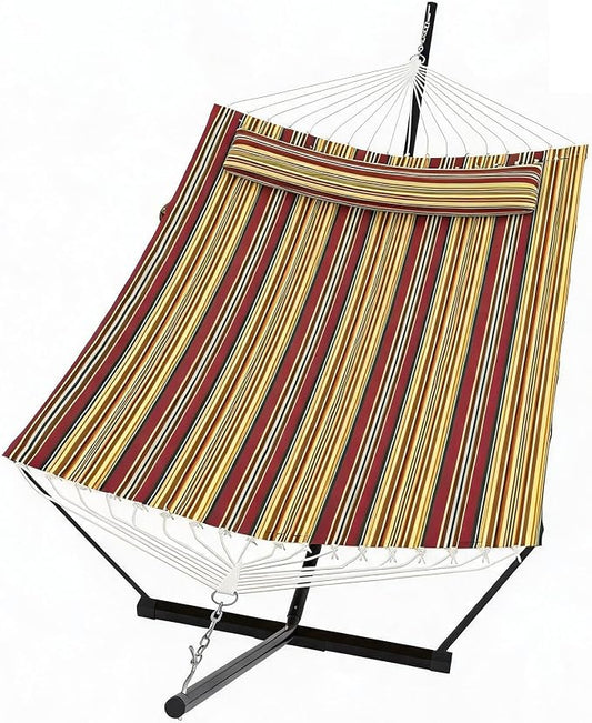 2 Person Double Hammock with Stand & Pillow, 450 LBS Heavy Duty Outdoor Hammock with Balance Rope, Weather Resistant Portable Hammock for Patio Backyard Poolside Camping