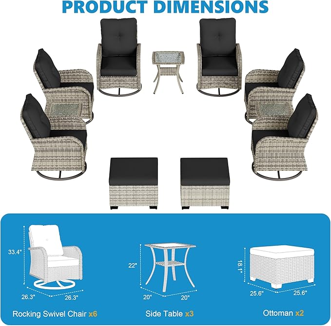 11-Piece Small Patio Furniture Set, Outdoor Swivel Rocking Chairs Set with Ottomans, Patio Bistro Set for Balcony, Deck, Porch, Black