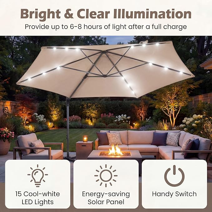 HAPPYGRILL 10 FT Patio Umbrella with Solar Lights, Outdoor Offset Cantilever Umbrella with White LED Lights, 360 Degree Rotation, Air Vent for Pool Deck Garden Backyard
