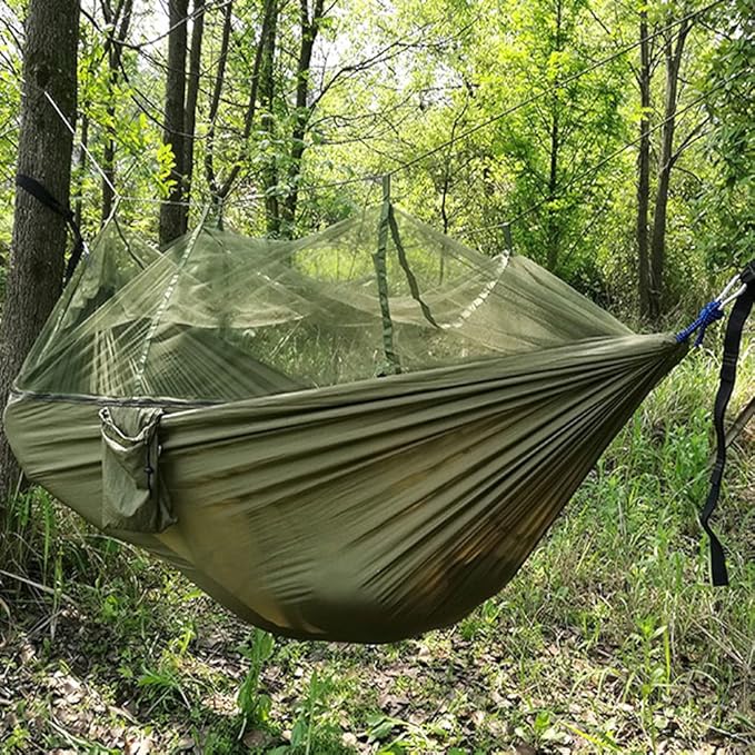 ELEOPTION Camping Hammock with Mosquito net Portable Outdoor Bed Robust Hammock from Parachute Silk max. Load Capacity 200kg Perfect for Home Garden Forests Travel Hiking etc (Military Green)