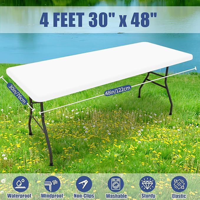 Moosfor Spandex 4 Foot Rectangle Table Cloth 2 Pack, Elastic Fitted Tablecloths for Picnic, Stretch Washable Patio Table Cover for Outdoor, Camping, Banquet and Parties (White, 30"x48")