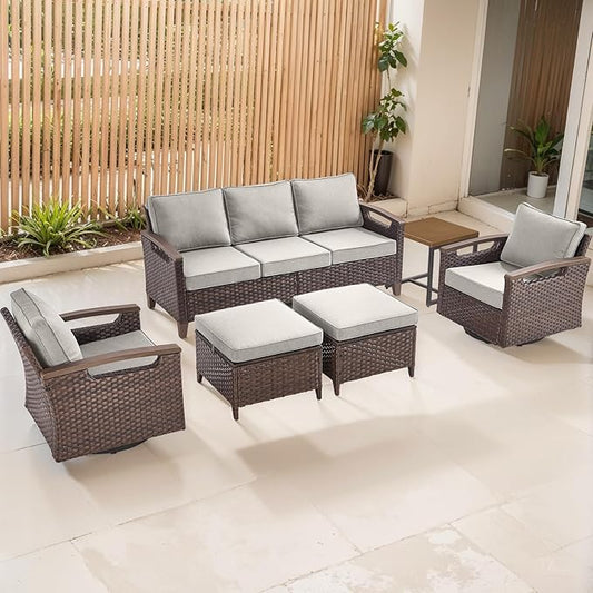Rilyson Wicker Outdoor Patio Furniture Set - 6 Piece Patio Conversation Sets with Swivel Rocker Chairs, Sofa, Ottomans and Side Table, Thick Cushions, Waterproof Wicker, for Porch Deck Brown/Beige