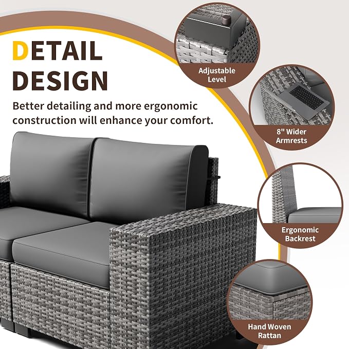 Patio Furniture with Fire Pit Table,8‘’ Wide armrest Outdoor Sectional Rattan Sofa Set, Wicker Patio Furniture Sets w/Coffee Table,Thick Cushions and Cover for Porch, Balcony, 7PC (Grey&Grey)