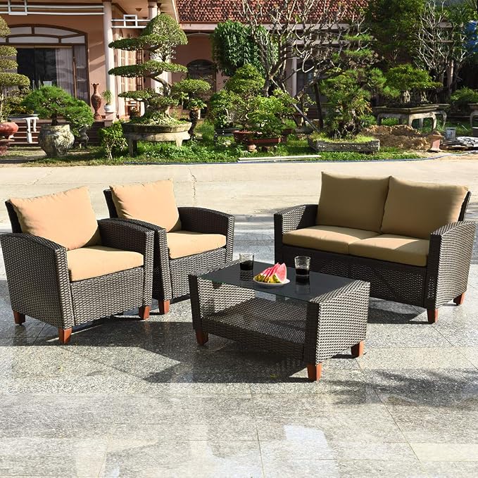 Tangkula 8 Pieces Patio Rattan Furniture Set, Outdoor Wicker Conversation Set with Seat & Back Cushion,and Tempered Glass Coffee Table with Shelf, for Porch, Poolside, Backyard, Garden