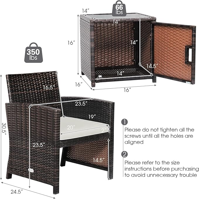 Tangkula 3 Pieces Outdoor Wicker Conversation Set with Waterproof Cover, 2 Patio PE Rattan Cushioned Chairs with Side Storage Table, Suitable for Front Porch, Balcony, Garden, Poolside (White)
