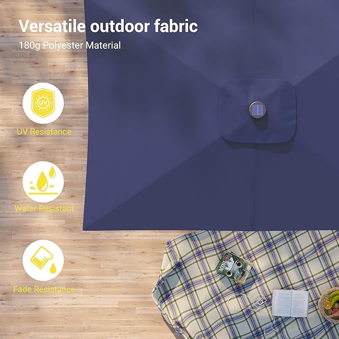 Rectangle Patio Umbrella with Solar Lights, 10 x 6.5ft Rectangular Outdoor Umbrella Table Market Patio Umbrella with Push Button Tilt and Crank for Garden, Deck, Backyard, Pool